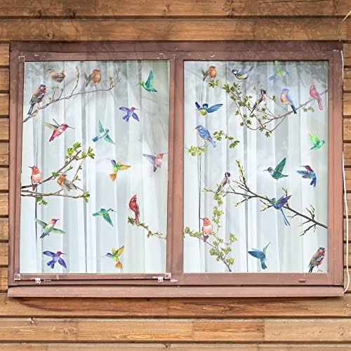 9 גיליון אביב קיץ חלון נצמד ענף ציפור מדבקות חלון זכוכית Hummingbird מדבקות חלון דו צדדיות למשרד ביתי DIY קישוט זכוכית