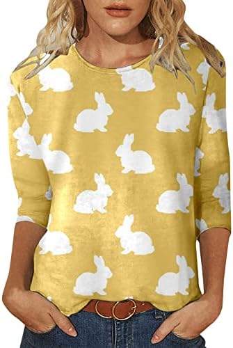 חולצות טי פסחא של צ'ייקי לנשים 3/4 שרוול נשים הדפסת ארנבות צוות אופנה מזדמן כפתור צוואר כפתור שלוש צמרות פסחא לנשים