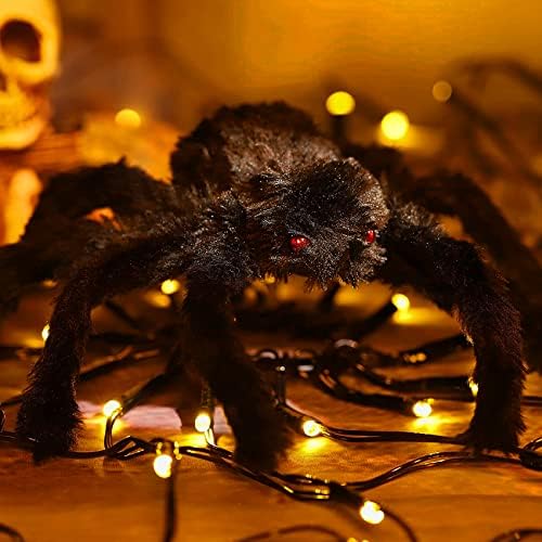 עכביש עכביש אורות אינטרנט קישוטי ליל כל הקדושים קישוטי פנים/חיצוניים עם 2 יח 'עכביש שחור בקוטר 3.25 מר 8 מצבים 70 סוללה אטומה למים LED,