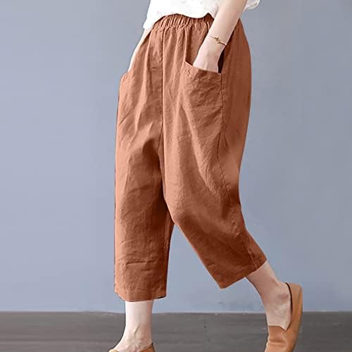 מכנסי פשתן של CHGBMOK לנשים קפרי קפרי טרקלין מכנסיים עם כיסים כותנה צבע אחיד ארוך מכנסי רגל רחבה מכנסיים פלאצו