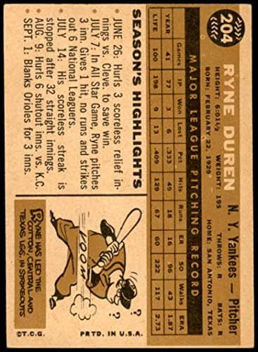 1960 Topps 204 Ryne Duren New York Yankees Ex Yankees