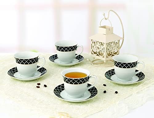 מתנות העולם אלגנטי עמיד וצבעוני פורצלן תה-כוסות קפה ותחתיות להגדיר-שחור וזהב, 8 עוז. סט של 4