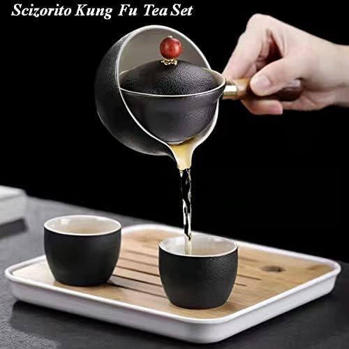 ערכת תה טיולים ניידים של Scizorito Ceramic, ערכת תה קונגפו סינית עם 360 קומקום סיבוב ומוציאה, 4 כוסות תה, מגש תה במבוק ושקית נסיעות