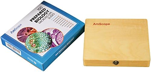 AMSCOPE PS100E ביולוגיה בסיסית מוכנה שקופיות לשימוש בסטודנטים ובבית, סט של 100 מגלשות זכוכית מוכנות, כולל קופסת אחסון מעץ מצוידת