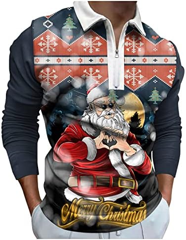 חולצות פולו לחג המולד של XXBR חולצות שרוול ארוך רוכסן צווארון צוואר צוואר צוואר צוואר צוואר חג המולד מצחיק סנטה קלאוס חולצת גולף מודפסת