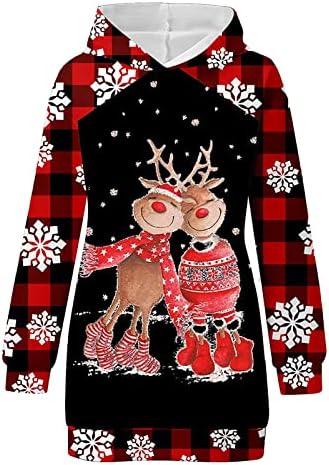 נשים של נים שמלת איילים הדפסה ארוך שרוול סלעית סווטשירט שמלות חג המולד מזדמן משובץ טלאים בסוודרים שמלה