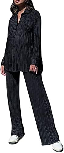 סידוטור תלבושות 2 חלקים לנשים קפלים חולצות כפתור שרוול ארוך גדול מותן אלסטי מכנסיים רגליים רחבות סט בגדי מועדון