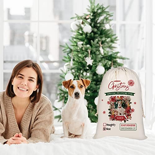 חמוד ויטון טרייר סנטה שקים אישית כלב בד חג המולד מתנת שקיות עם שרוך חג המולד אחסון תיק עבור הווה כותנה פשתן 12 * 15 אינץ